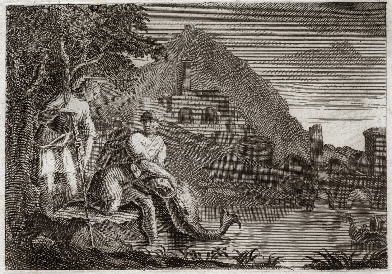 Bibeln från Royaumont, Gamla testamentet: Ängeln vägleder Tobie. Unga Tobie är livrädd av en fisk (mirakulöst) som ville äta honom. Angel Raphael kommer på Guds order för att vägleda honom på en resa han var tvungen att göra. Illustration från 1811. av Unknown artist