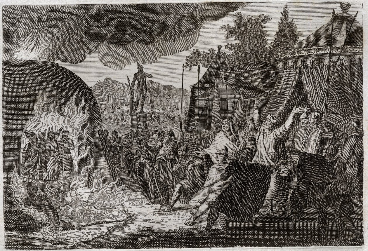 Bibeln från Royaumont, Gamla testamentet: Babylons tre barn i ugnen. Kung Nebukadnessar II kastar tre unga hebreiska män in i en brinnande ugn, varifrån de på ett mirakulöst sätt förlossas. De kallas Ananias, Azarias och Misael (eller Shadrac av Unknown artist