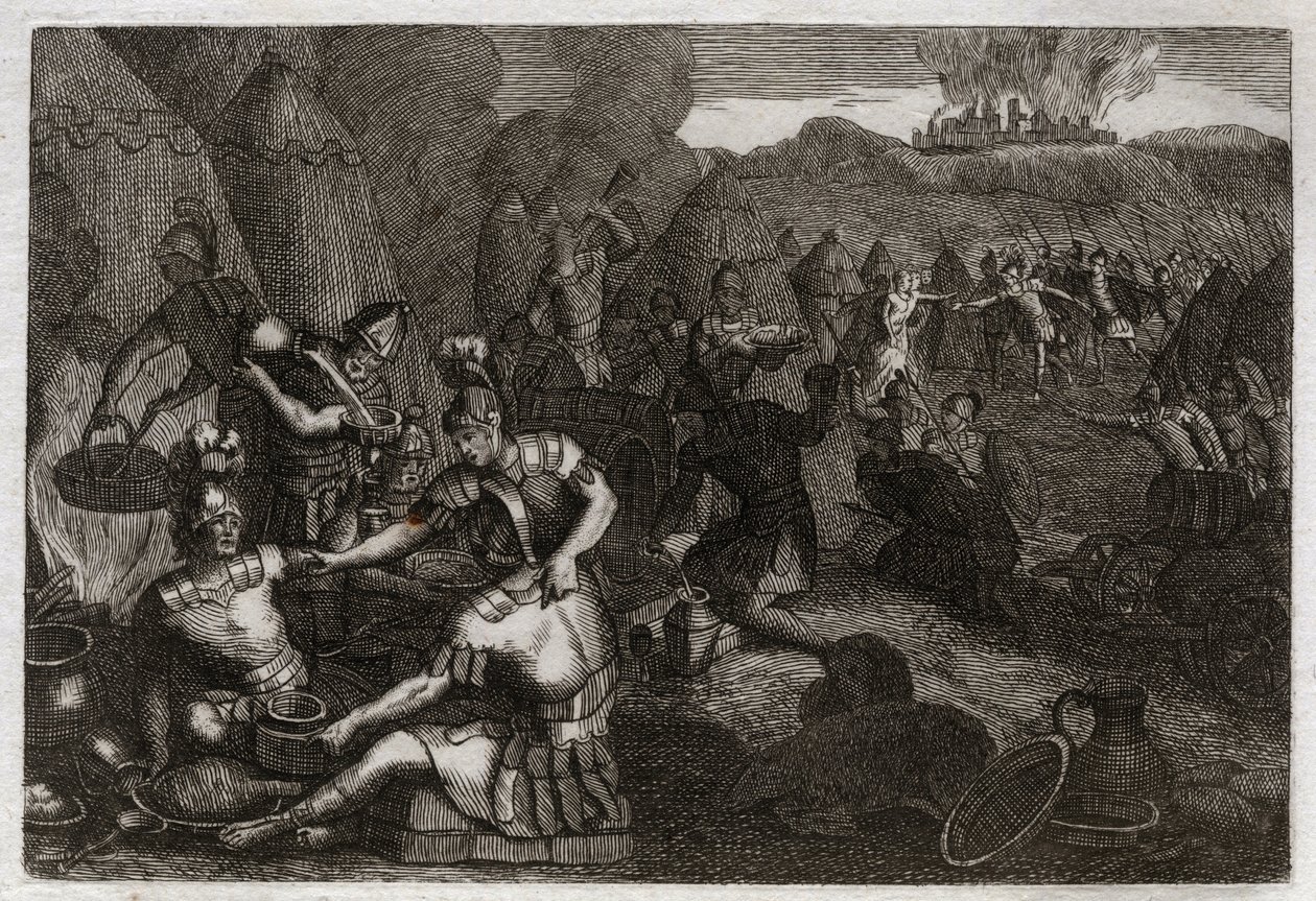 Bible of Royaumont, Gamla testamentet: Thieves of Siceleg. Vissa amalekiter kommer för att plundra Siceleg i Davids frånvaro. Han springer rasande och tappar dem. Illustration från 1811. av Unknown artist