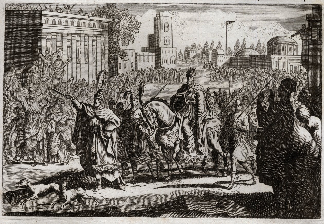 Bibeln från Royaumont, Gamla testamentet: Mardochees triumf. Aman (Haman) tvingas av kungen att publicera sin fiendes triumf Mardochee (eller Mordekhai eller Mordekai) i hela staden Susan (mer känd som Susa). Illustration från 1811. av Unknown artist