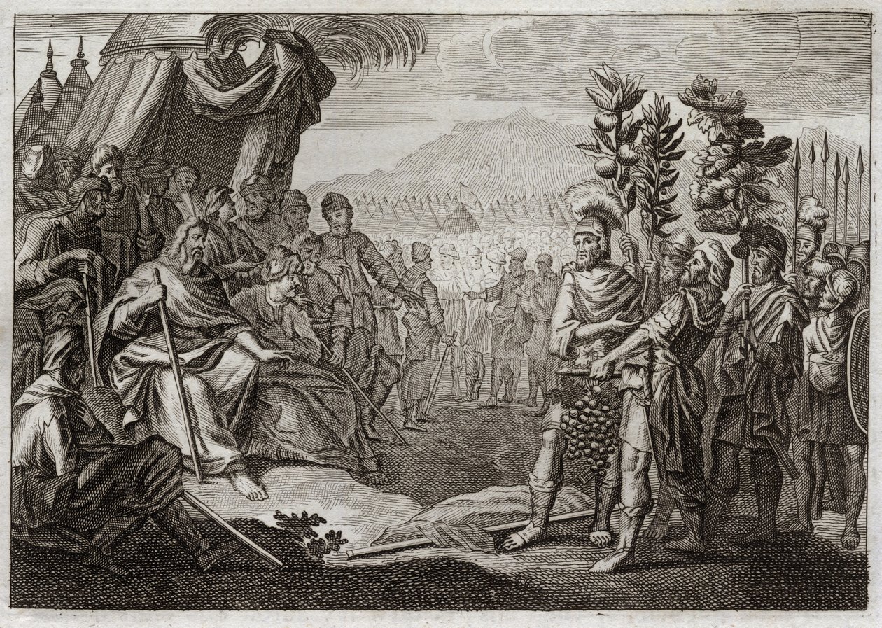 Bibeln från Royaumont, Gamla testamentet: Tolv spioner. Mose sände tolv spioner för att erkänna Kanaans land (förlovat land). De får folket att viska, och Gud, för att straffa dem med detta sorl, försäkrar dem att de aldrig kommer att komma in på denna jor av Unknown artist