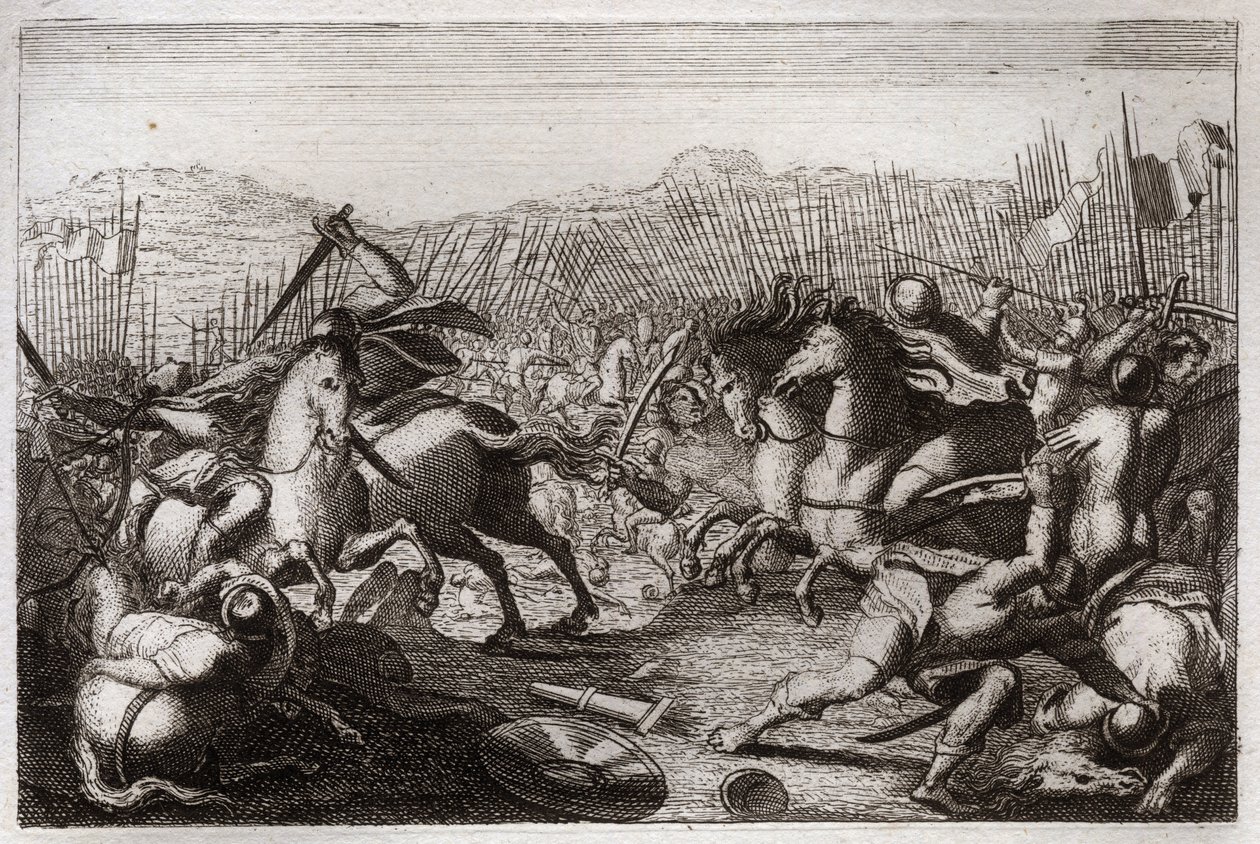 Bibeln från Royaumont, Gamla testamentet: Judas seger. Judas Maccabee (Maccabee, Maccabee) besegrade Apollonius, Seron, Ptolemaios Macron, Gorgias, Nicanor och Lysias i olika strider. Illustration från av Unknown artist