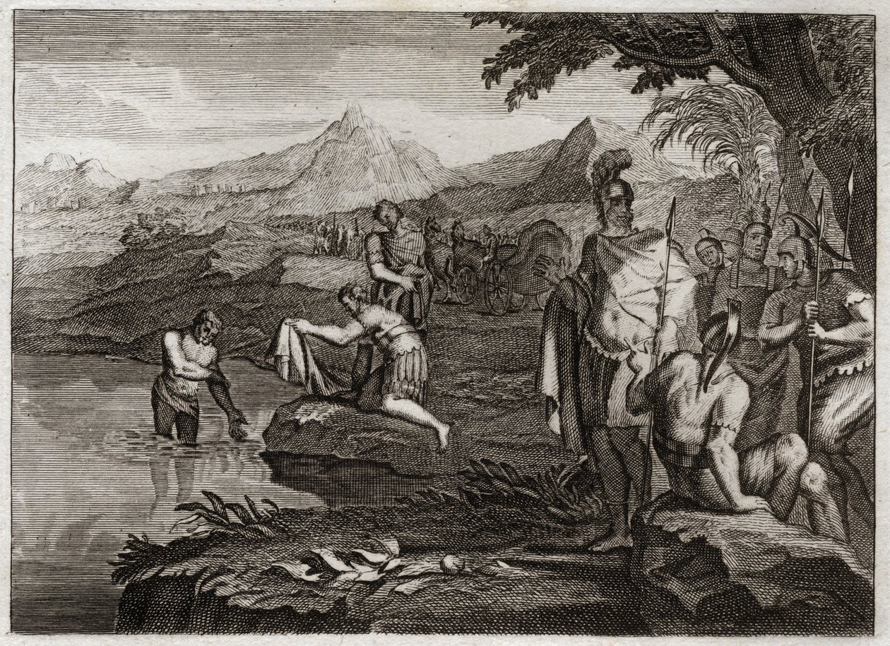 Bibeln från Royaumont, Gamla testamentet: Naamans krig. Naaman, general för den syriska kungens armé, kom för att hitta profeten Elise för att bli botad från hans spetälska. Illustration från 1811. av Unknown artist