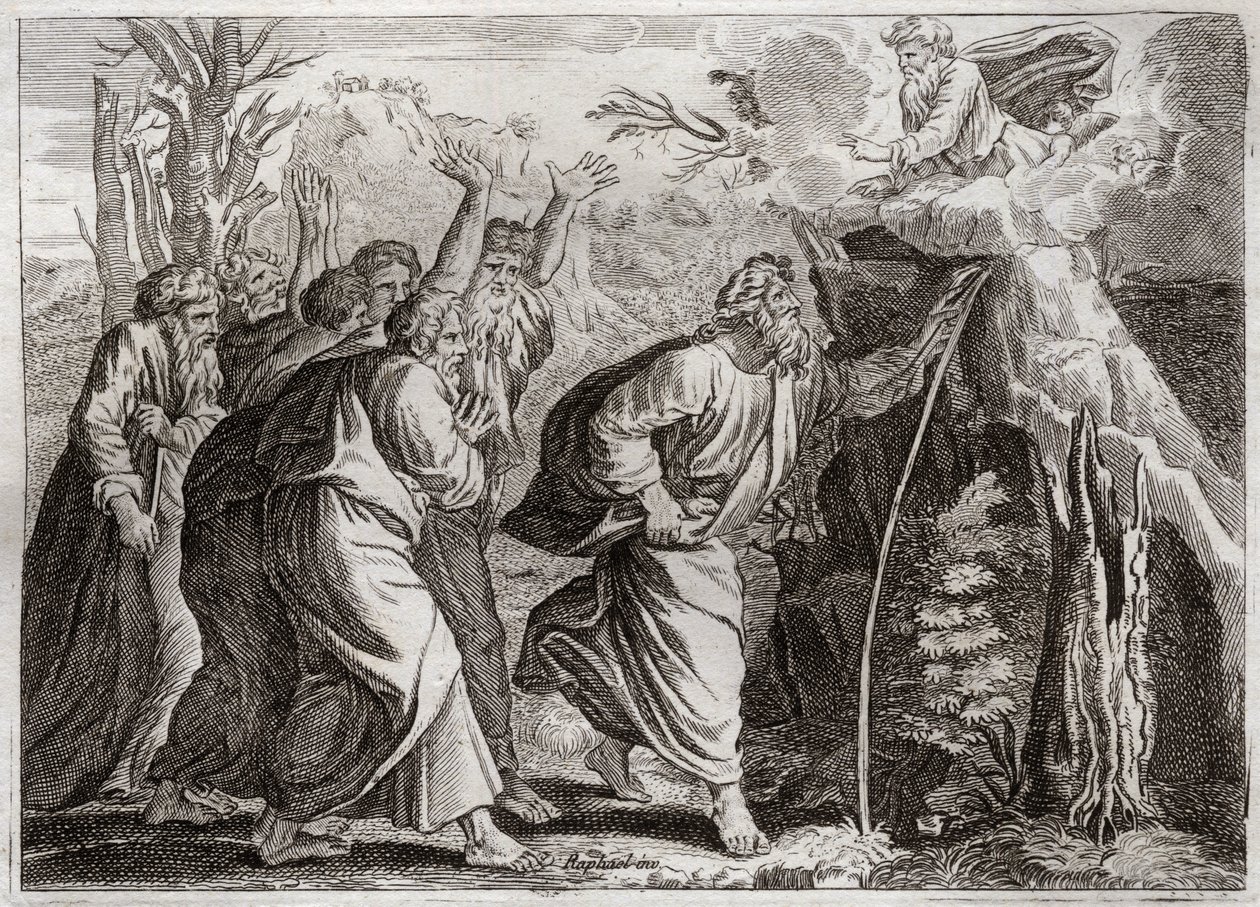Bibeln från Royaumont, Gamla testamentet: Vatten från klippan. Mose tar fram vatten ur klippan och ger Israels folk att dricka. Illustration från 1811. av Unknown artist