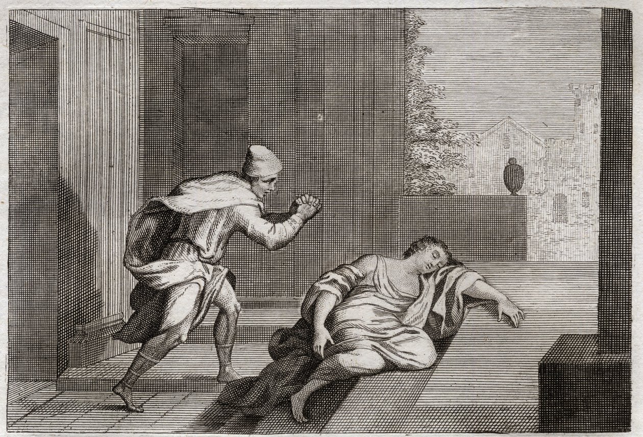 Bibeln från Royaumont, Gamla testamentet: Kvinna från den upprörda leviten. Levitens fru hittades död vid dörren efter att ha blivit misshandlad av ligister. Illustration från 1811. av Unknown artist
