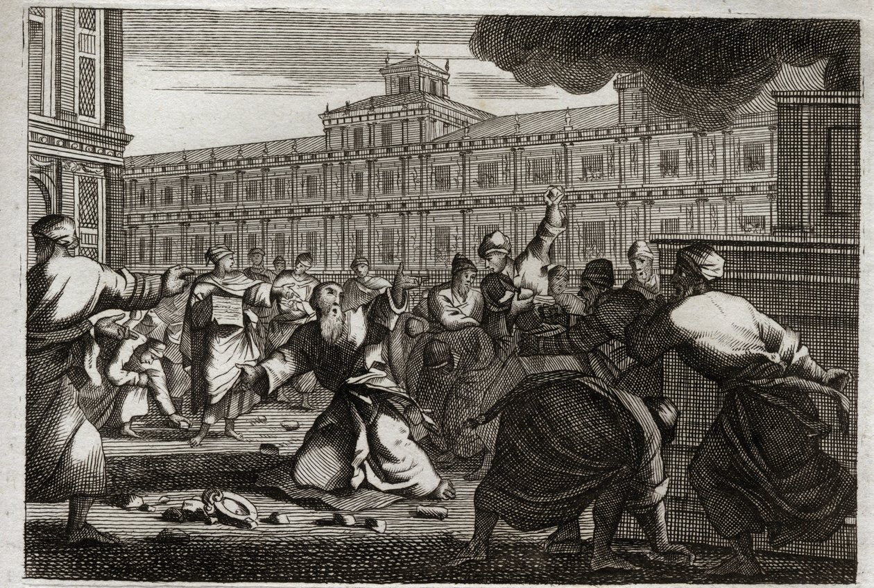 Bibeln av Royaumont, Gamla testamentet:, Sakaria stenad. Sakarja, översteprästen, stenas på befallning av Joas (Joas) kung av Juda, eftersom han tog honom från hans order. Illustration från 1811. av Unknown artist