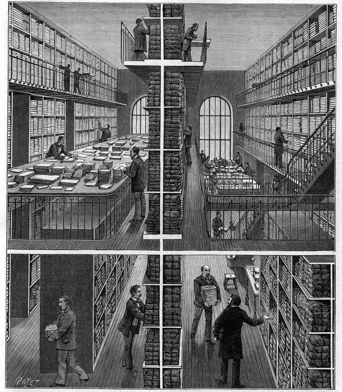 Bibliotheque Nationale i Paris: journalhantering och arkivrum på Bureau des Entrees. Gravyr i "" Nature: granskning av vetenskaperna och deras tillämpningar på konst och industri "" av 17 juni 1893. av Unknown artist