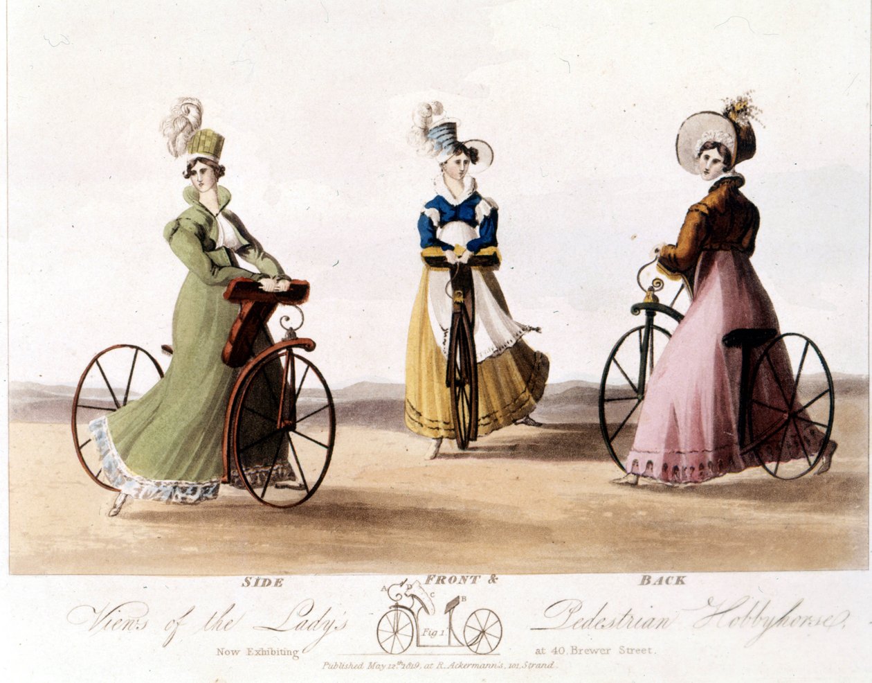 Cykel för kvinnor framifrån, från sidan och bakifrån. Detta är modellen som uppfanns av Baron von Drais: Draisienne. Den var gjord av trä och det fanns inga pedaler än. Färglitografi från 1819. av Unknown artist
