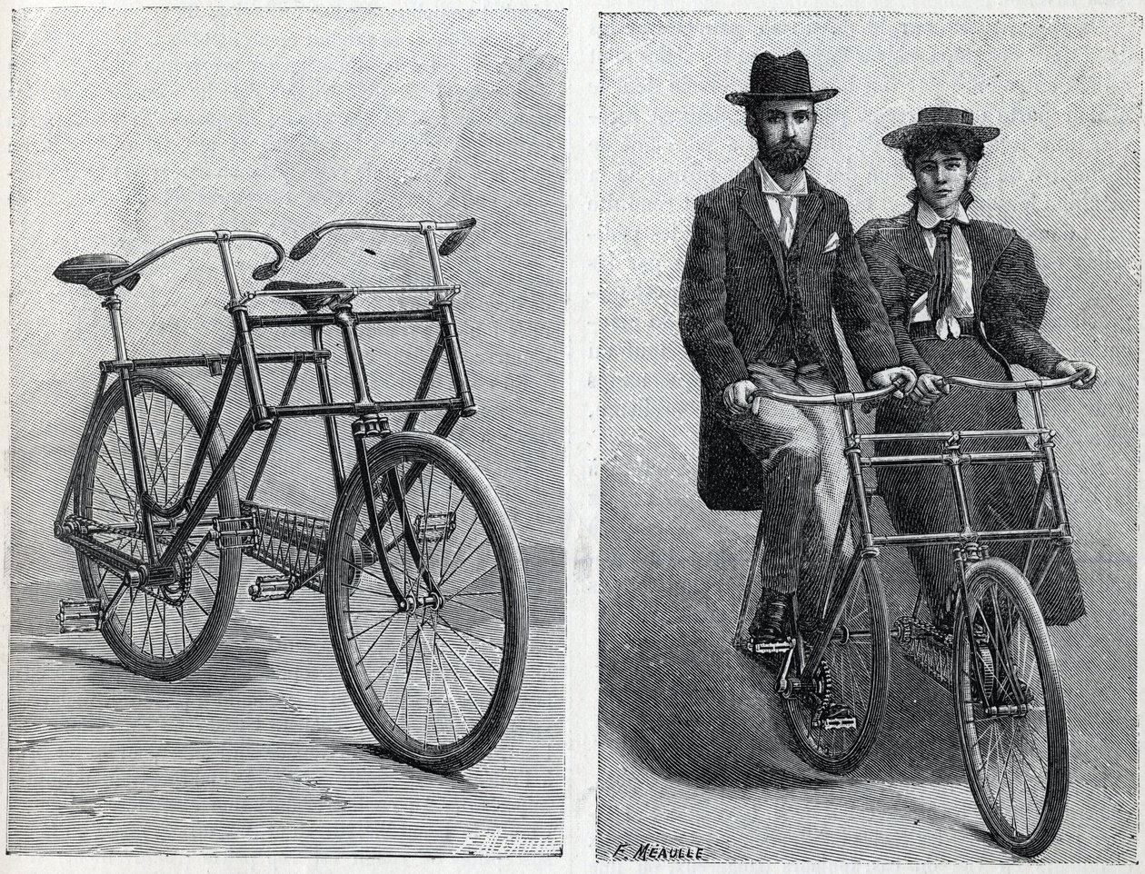 Cykeln har två säten från tillverkaren "" Punnett Cycle"" utan och med cyklister. Gravyr i "" La Nature"" av Unknown artist