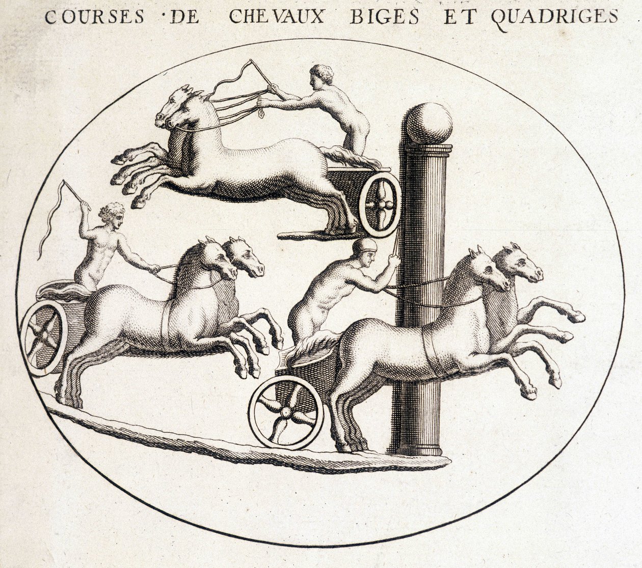 Biges och quadriges hästkapplöpningar. 1800-talsgravyr. av Unknown artist