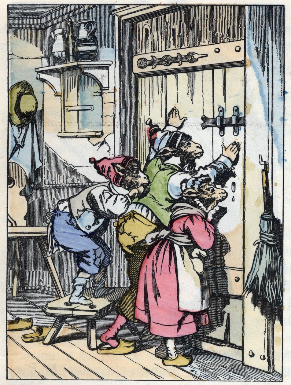 Biquets lyssnar på vem som knackar på dörren. Illustration av berättelsen "Compere le Loup, Maitre Renard, Comere la Chevre et ses petits biquets"" efter en fabel av Jean de la Fontaine. I "" Sagor från hemmet för de minsta"". Anonym gravyr av 1 av Unknown artist