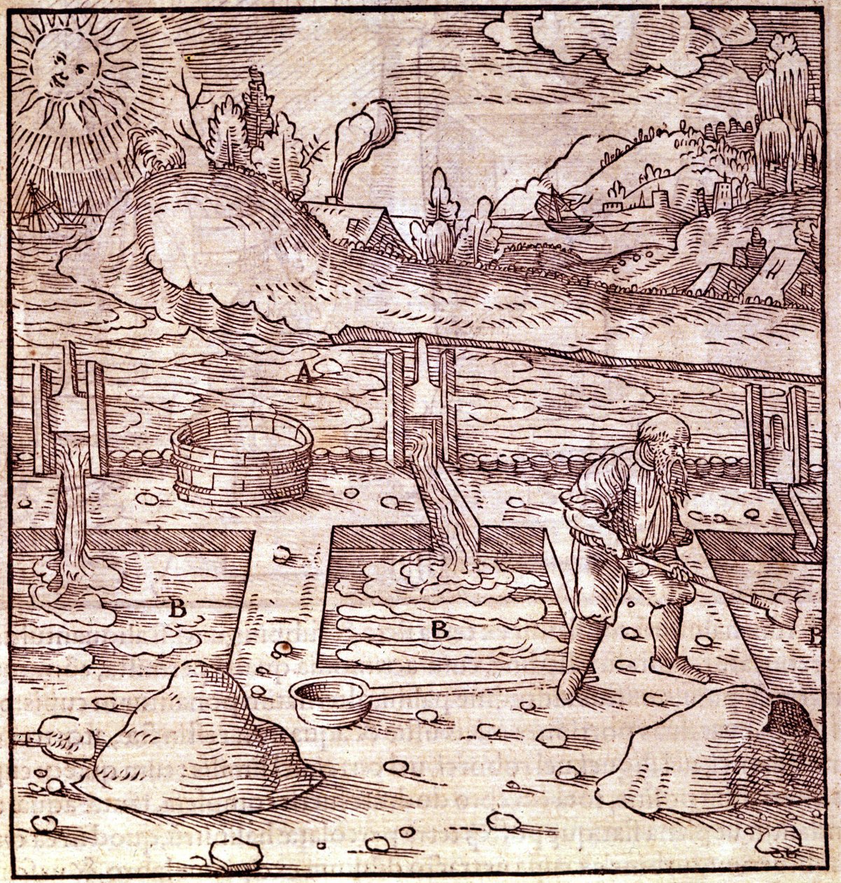 Bitumen skörd. Georg Bauer Agricola” De Re metallica”” bok från 1500-talet. Bibl. från Vetenskapsmuseet, Milano. av Unknown artist