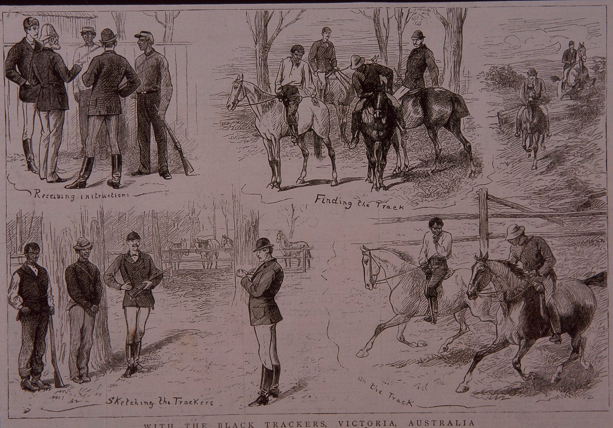 Black Trackers på spåret av bushrangers i Victoria, Australien 1881 (gravyr) av Unknown artist