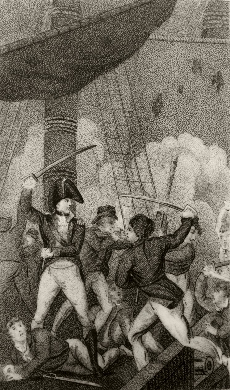 Blackbeard går ombord på Pearl, under befäl av löjtnant Maynard av Unknown artist