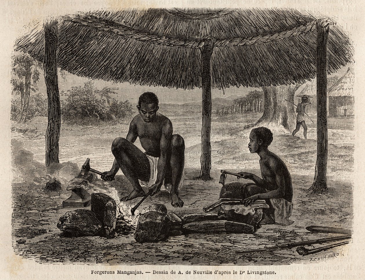 Smedmanganjas (etnisk grupp i Zambeze-regionen). Gravyr för att illustrera Dr. Livingstones första resor till södra Afrika från 1840 till 1856, i "Le tour du monde, nouveau journal des voyages"" publicerad under ledning av Edouard Charton av Unknown artist