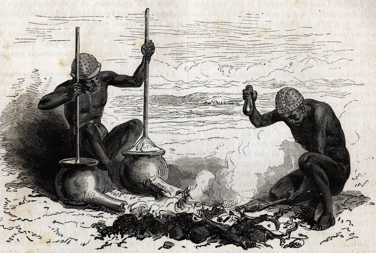 Smeder Lakoutas (stam belägen i Upper Nile-regionen), en kluven trägren fungerar som tång, två stenar fungerar som hammare och städ, två lerkrukor med långa rör vid basen fungerar som bälg för koleld, krukorna är fasta av en bit av s av Unknown artist