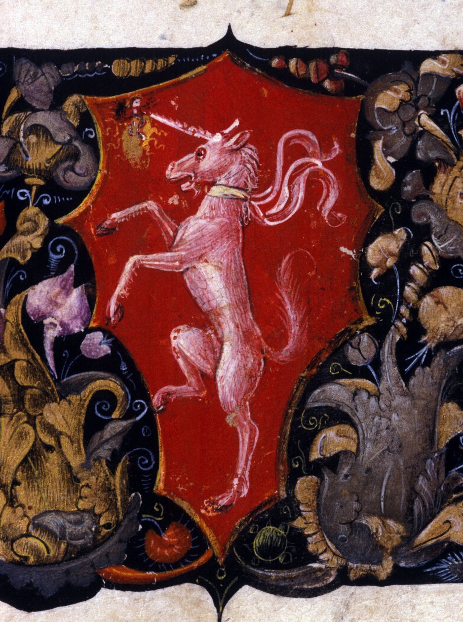 Blazon dekorera en enhörning på en röd bakgrund. Detalj av en miniatyr. 1400-talet av Unknown artist