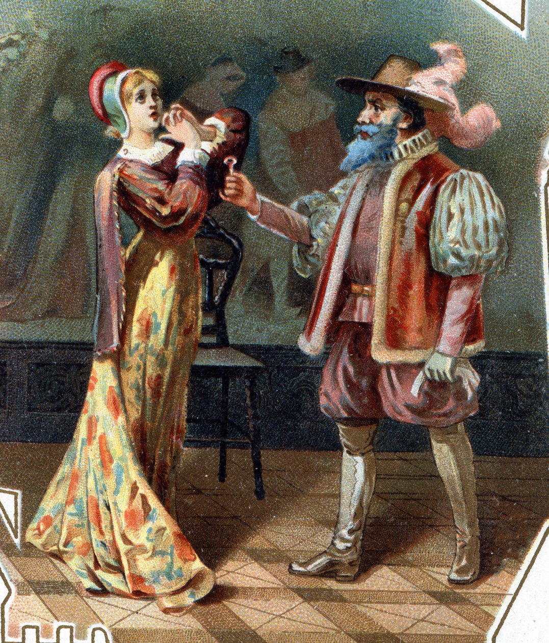 Blått skägg. Sagan om Charles Perrault. 1697. Kromolitografi från slutet av 1800-talet. Klistermärke "" Till det billiga""". "Bluebeard förhör sin fru som försökte komma in i skåpet där Bluebeards fruar mördades." av Unknown artist