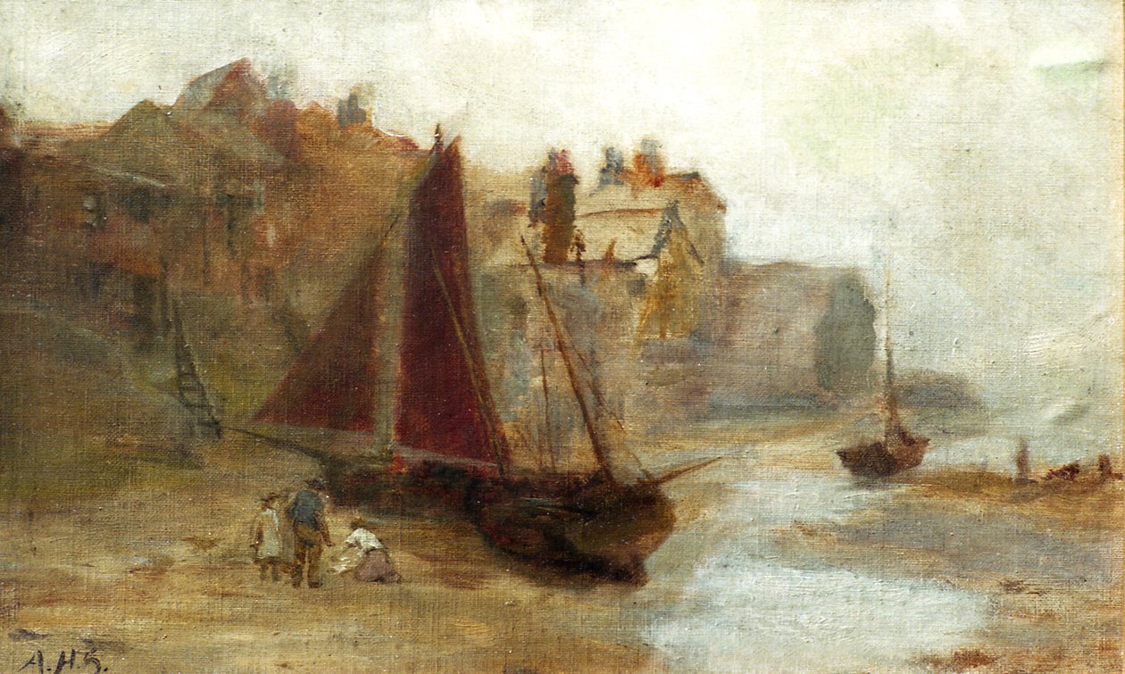 Båt på stranden (olja på duk) av Unknown artist