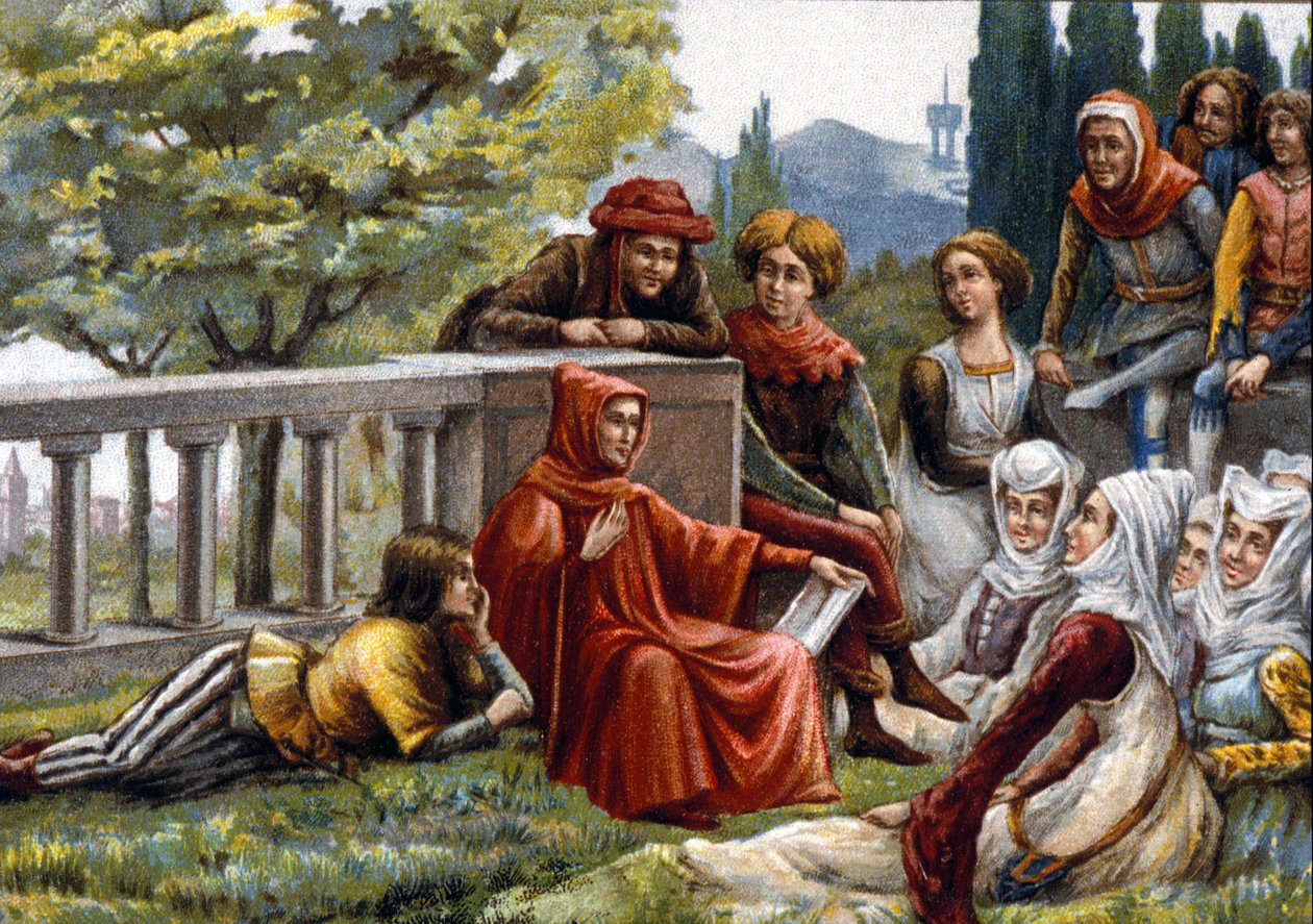 Boccaccio (Boccaccio) läser Decameron för sina vänner under pestepidemin i Florens omkring 1348. kromolitografi från slutet av 1800-talet. av Unknown artist