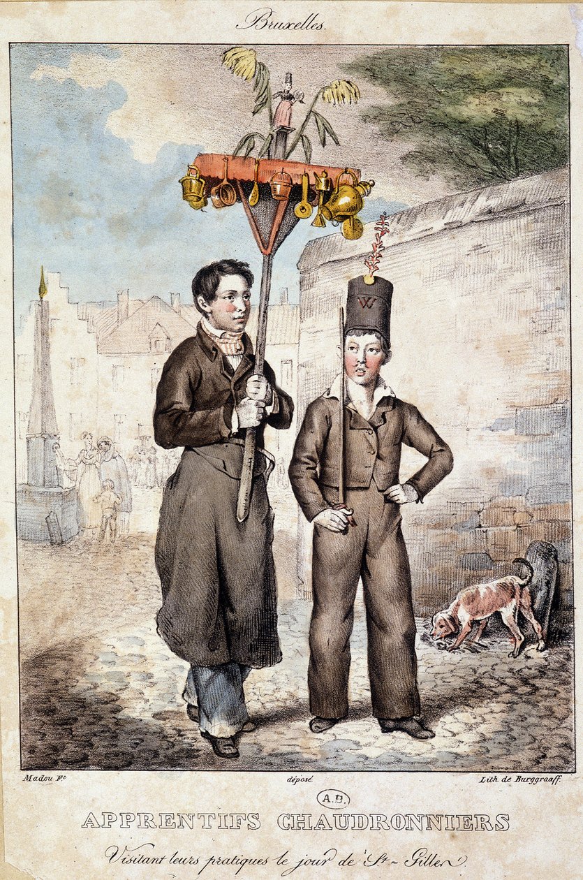 Pannmakarlärlingar besöker sina praktiker på dagen i St Gillen (Bryssel) - Litografi, deb. 1800-talet av Unknown artist