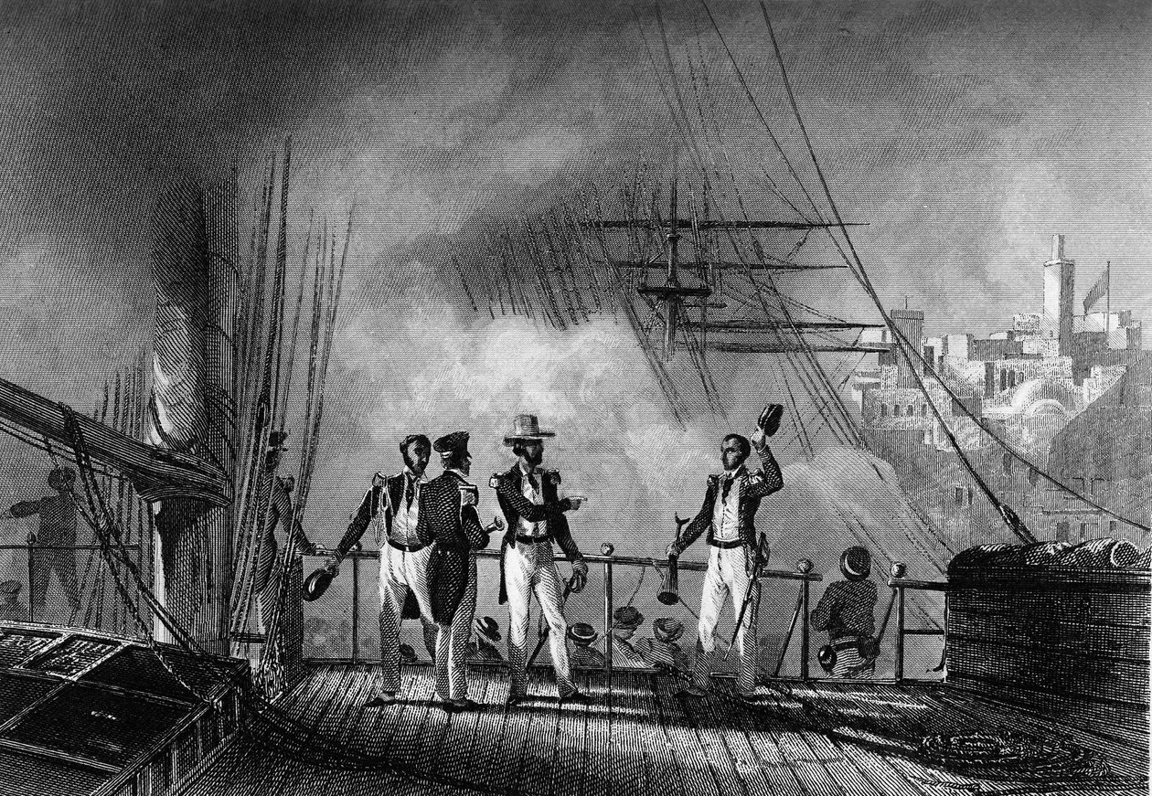 Bombardement av Tanger av prinsen av Joinville. i "General History of the Navy" av Van Tenac av Unknown artist