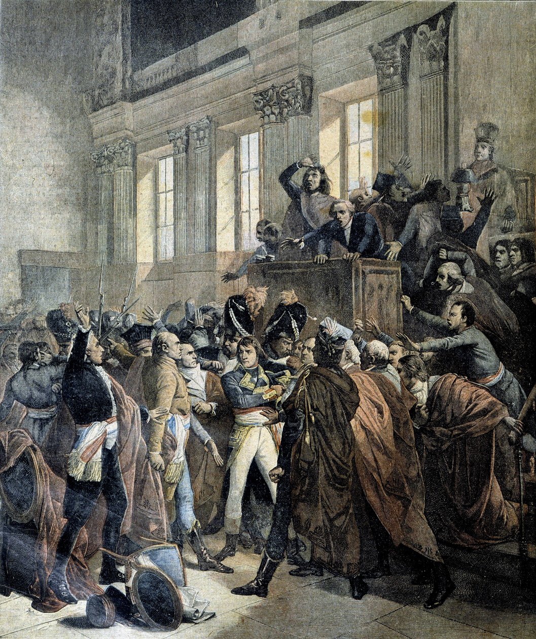 Bonaparte vid statskupp den 18 brumaire i kammaren för rådet för fem cent (Cinq Cents) (salle des 500) i Saint Cloud - i "" Le Petite Journal"", 03/1893 av Unknown artist