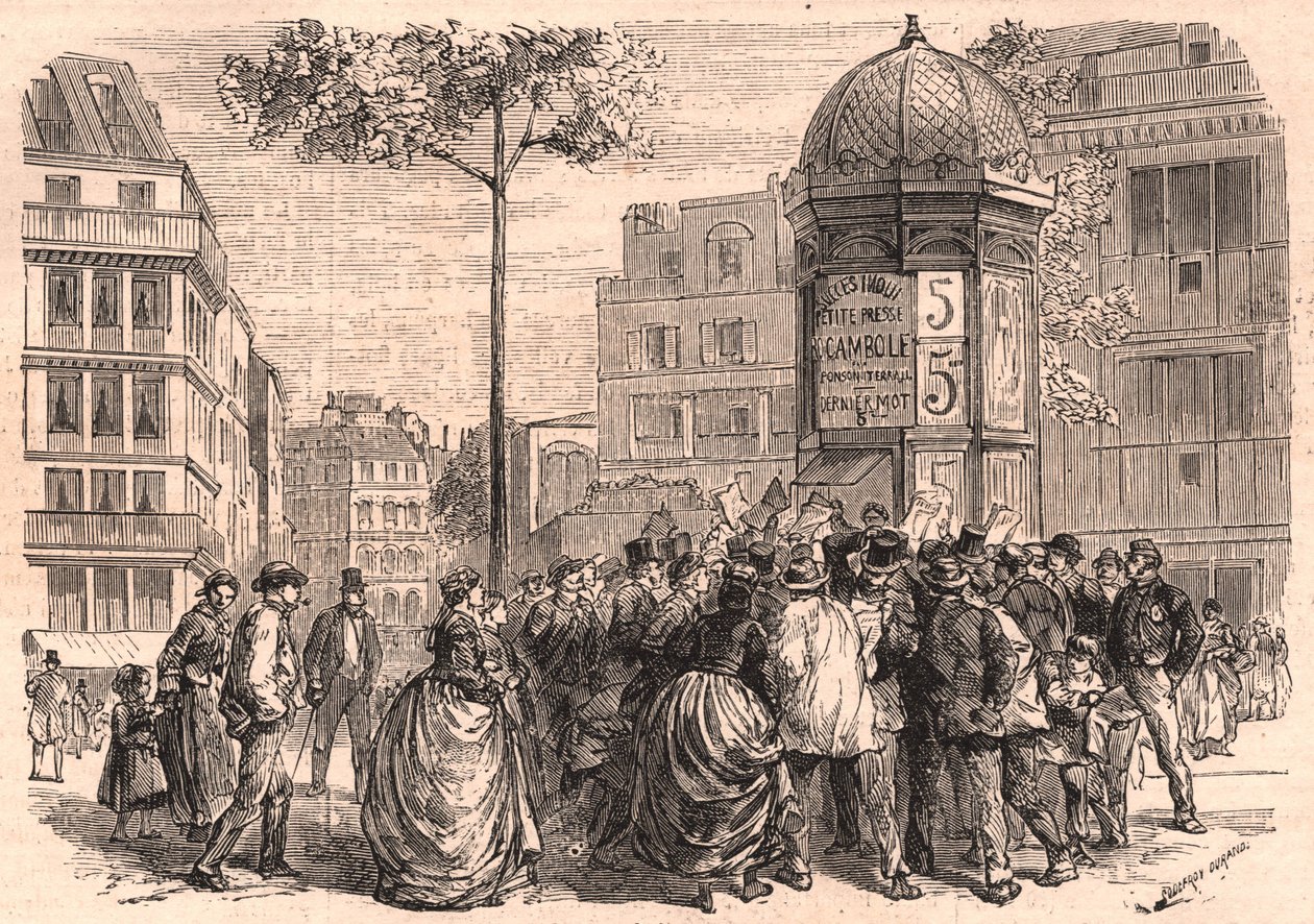 Boulevard Pigalle i Paris: Parisisk folksamling runt en Morris-kolumn under försäljningen av tidningarna av Unknown