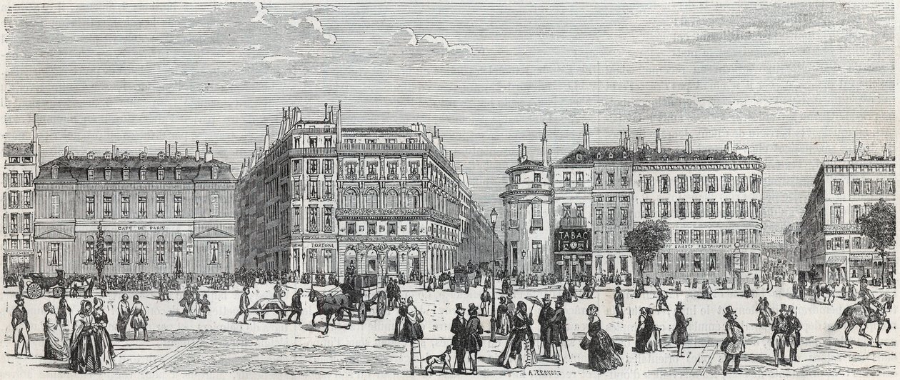 Boulevard des Italians med café de Paris, rue Taitbout, house doree, rue Lafitte, café Riche och rue Lepelletier - Gravyr i "Tableau-de-Paris" av Edmond Texier 1852 av Unknown artist
