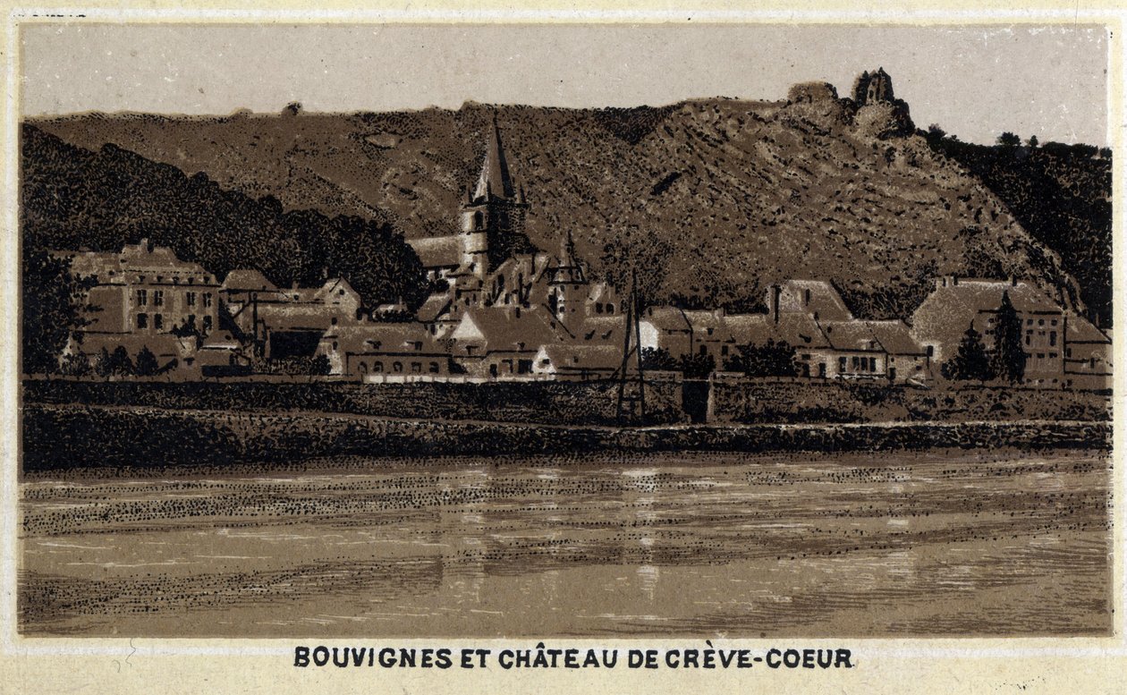 Bouvignes sur Meuse och Chateau de Creve Coeur (Creve-Coeur eller Crevecoeur), Vallonien, Belgien av Unknown artist