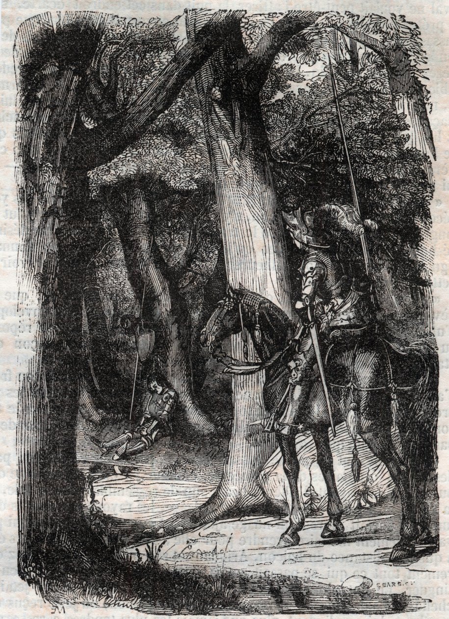 Bradamante apercoit Pinabel (Pinabello) - gravyr från 1851 från "" Furious Orlando" (1500-talet) av Ludovico Ariosto, känd som Ariosta - Upplaga översatt från italienska av greven av Tressan och publicerad av Gustave Harvard av Unknown artist