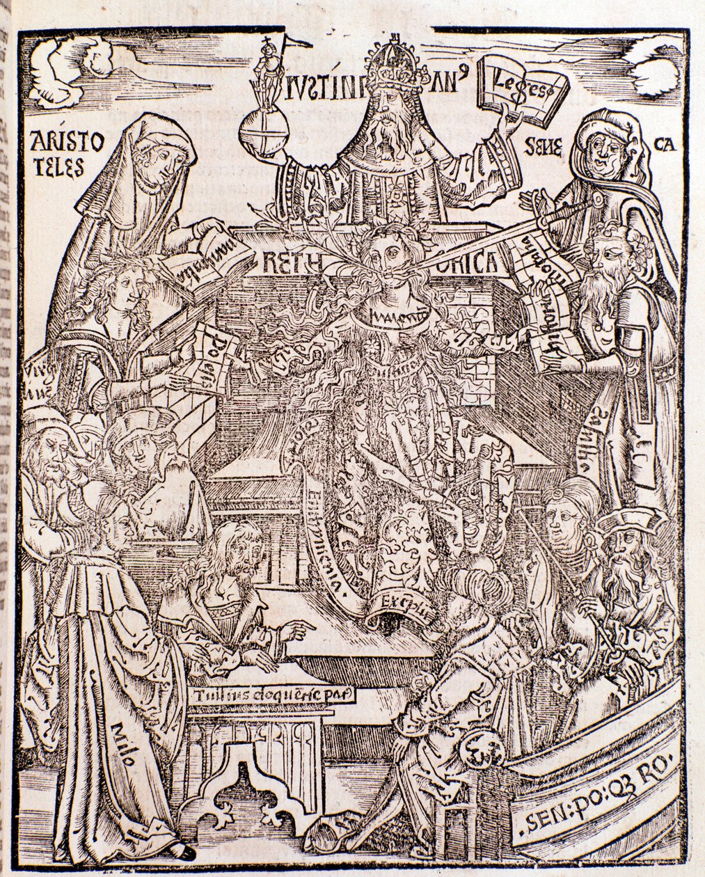 Kunskapsgrenar representerade av Aristoteles (överst till vänster) representerar naturfilosofin, med Seneca som representerar moralfilosofin till höger, kejsaren Justinianus (överst i mitten). Kvinnan i mitten har ett svärd och en blommande gren som kommer av Unknown artist