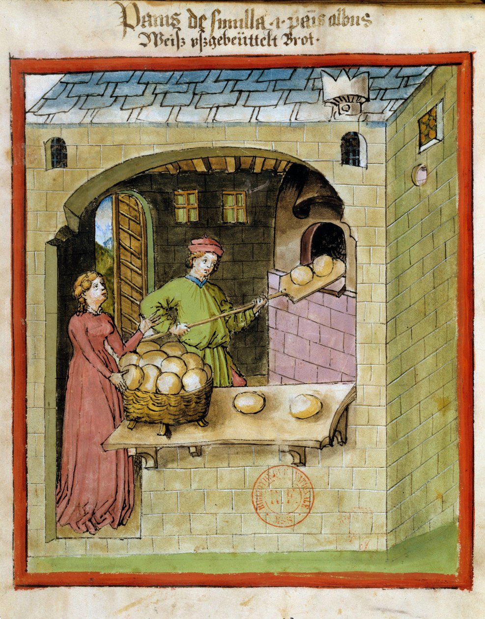Brödbakning: en bagare bakar bröden. Belysning från mjölkning av medicin och diet "" Tacuinum sanitatis"" av Unknown artist