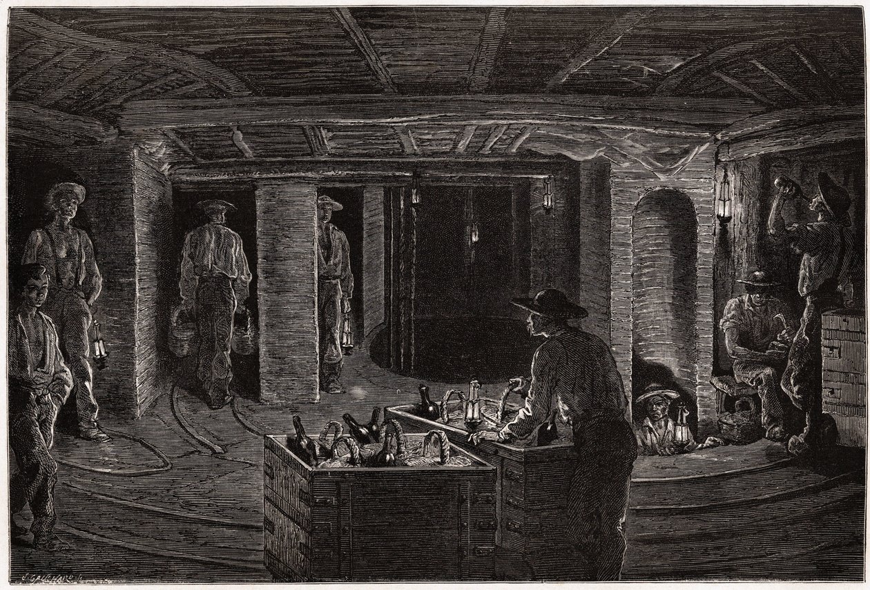 Frukost i gruvan, distribution och konsumtion av korgmåltider till gruvarbetare i kolgruvorna i Creusot. Gravyr för att illustrera en resa till Creusot och gruvorna i Saone och Loire, 1865, av L. Simonin, i "" Le tour du monde, nr. av Unknown artist
