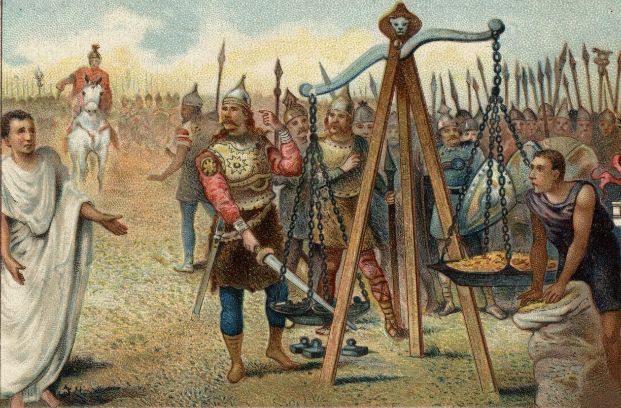 Brennus satte sitt svärd i vågskålen, 390 f.Kr.: Plundrade Rom av gallerna ledd av deras hövding Brennus (Brennos). Inför romarnas motstånd gick Brennus med på att ta itu med den romerska militärtribunen Quintus Sulpicius: han lämnade Rom mot pa. av Unknown artist
