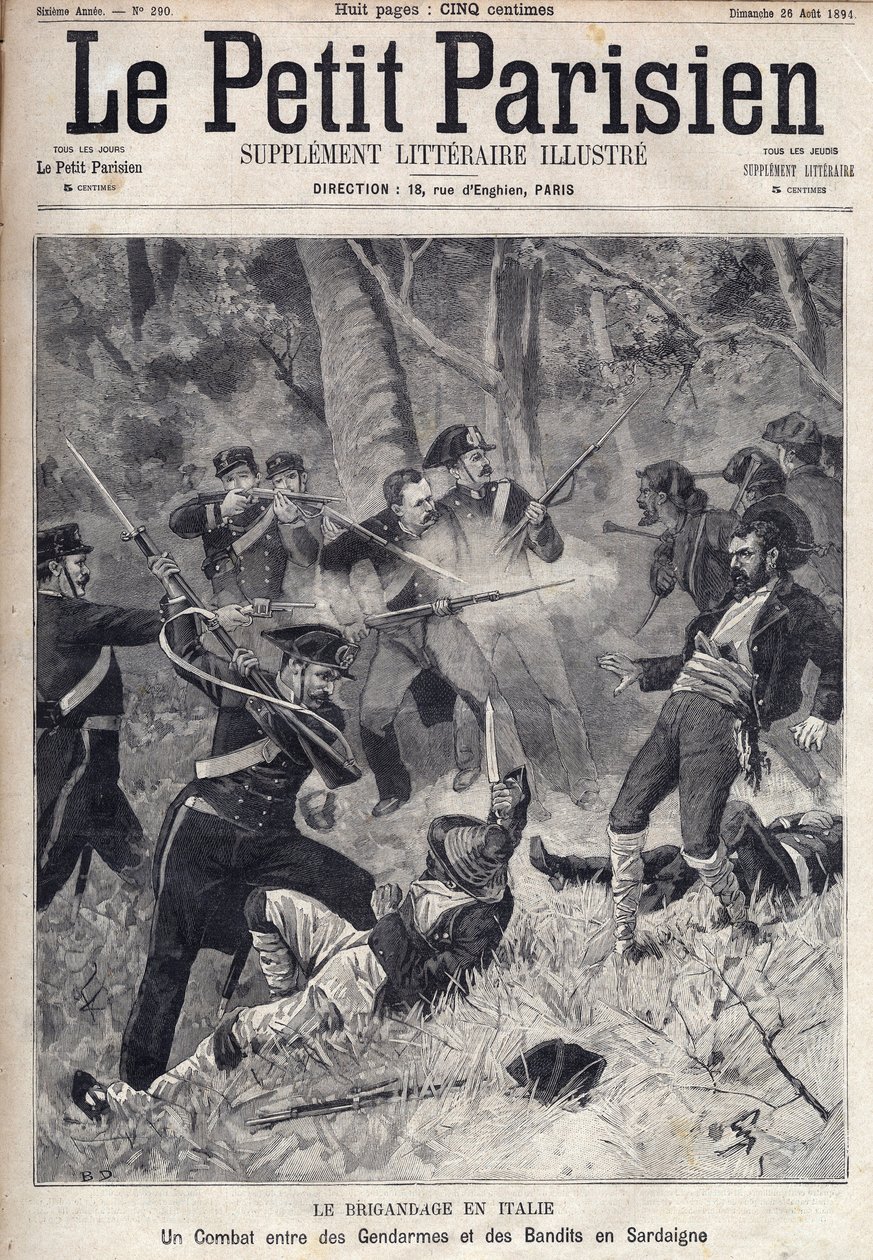 Brigandage i Italien: en kamp mellan gendarmer och banditer på Sardinien. (Briganti Sardi, Sardegna) Gravyr i "" Le Parisien"" av Unknown artist