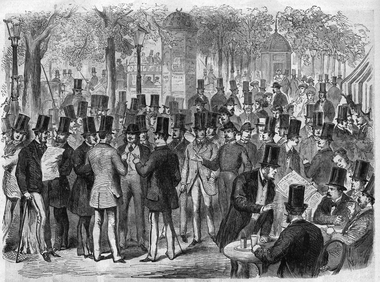 Mäklare nära den lilla Bourse du Boulevard des Italians i Paris, Frankrike. Gravyr i "The Illustrous Universe" av Unknown artist