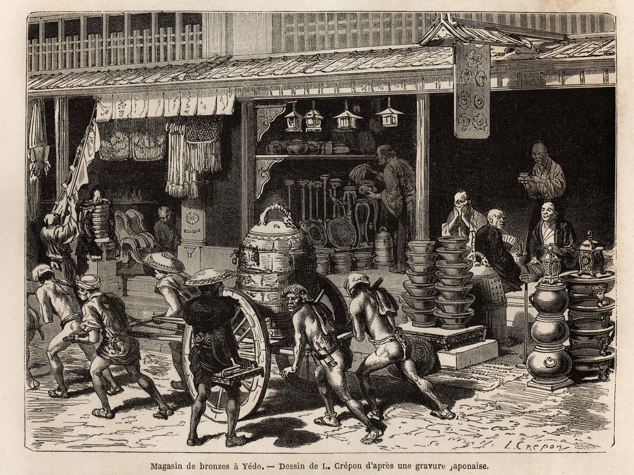 Bronsbutik i Yedo (eller Edo, dagens Tokyo), stadens specialitet, som presenterar föremål för buddhistisk dyrkan: klockor, gonggonger, trummor, vaser, kandelabrar, rökelser och statyer, men också mindre rituella föremål som sakeburkar, lampor, braziers och av Unknown artist