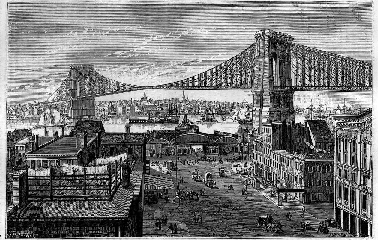 Brooklyn Bridge. Börjar 1869, under konstruktion vid tiden för graveringen, den kommer att vara färdig 1883. New York (New York), USA (USA). Gravyr i "" La Nature: revue des sciences et de leurs applications aux arts et a l