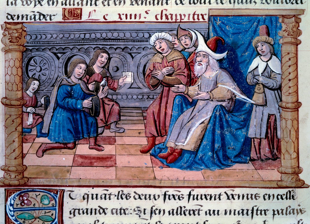 Bröderna Nicolo och Matteo Polo, far och farbror till den unge Marco Polo (1254-1324) togs emot i hovet hos Grand Qubilai (Kubilai Khan, förste kejsare av den mongoliska Yuan-dynastin (1215-1294), mongolisk kejsare 1271” . Miniatyr hämtad från " av Unknown artist