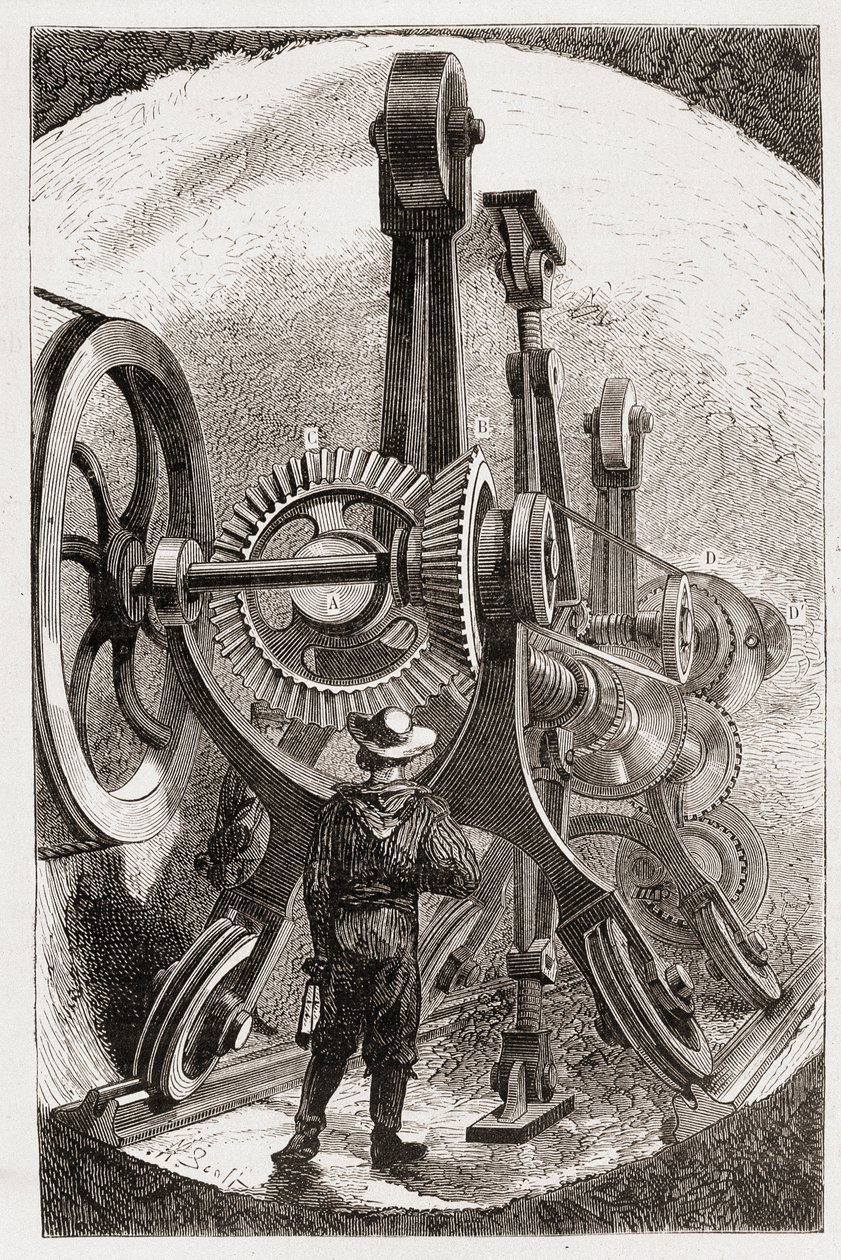 Brunton-maskin för tunnelgrävning i mjuka stenar - i "" The new conquests of science: electricite"" av Louis Figuier, sd av Unknown artist