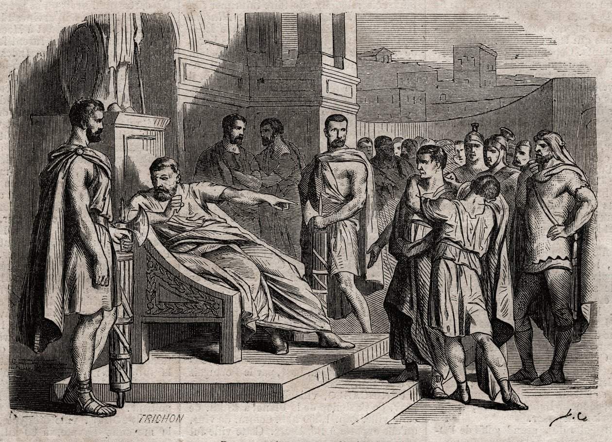 Brutus dömer sin son till döden - Brutus (Marcus Junius Brutus, 85-42 f.Kr.) dömer sina söner till döden - gravyr i "" Dictionnaire populaire illustrious" - 1864 - av Joseph Decembre och Edmond Allonier - av Unknown artist