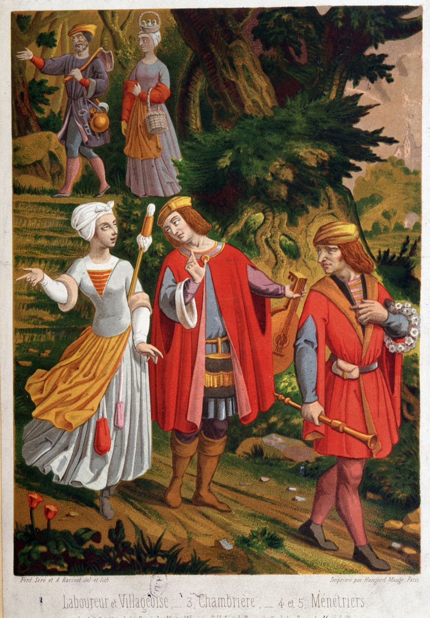 Bukolisk scen: plöjning och by, chambriere och menestriers av Unknown artist