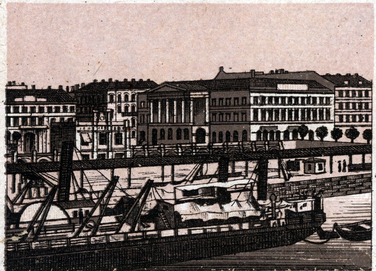 Budapest, Ungern: utsikt över kajen vid Donau. i "" Världen illustrerar 168 vyer"" Odaterat (slutet av 1800-talet) av Unknown artist