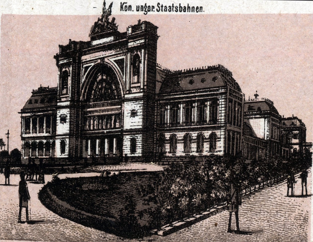 Budapest, Ungern: utsikt över magyar kiralyi allavasutsk (järnvägsstation). i "" Världen illustrerar 168 vyer"" Odaterat (slutet av 1800-talet) av Unknown artist