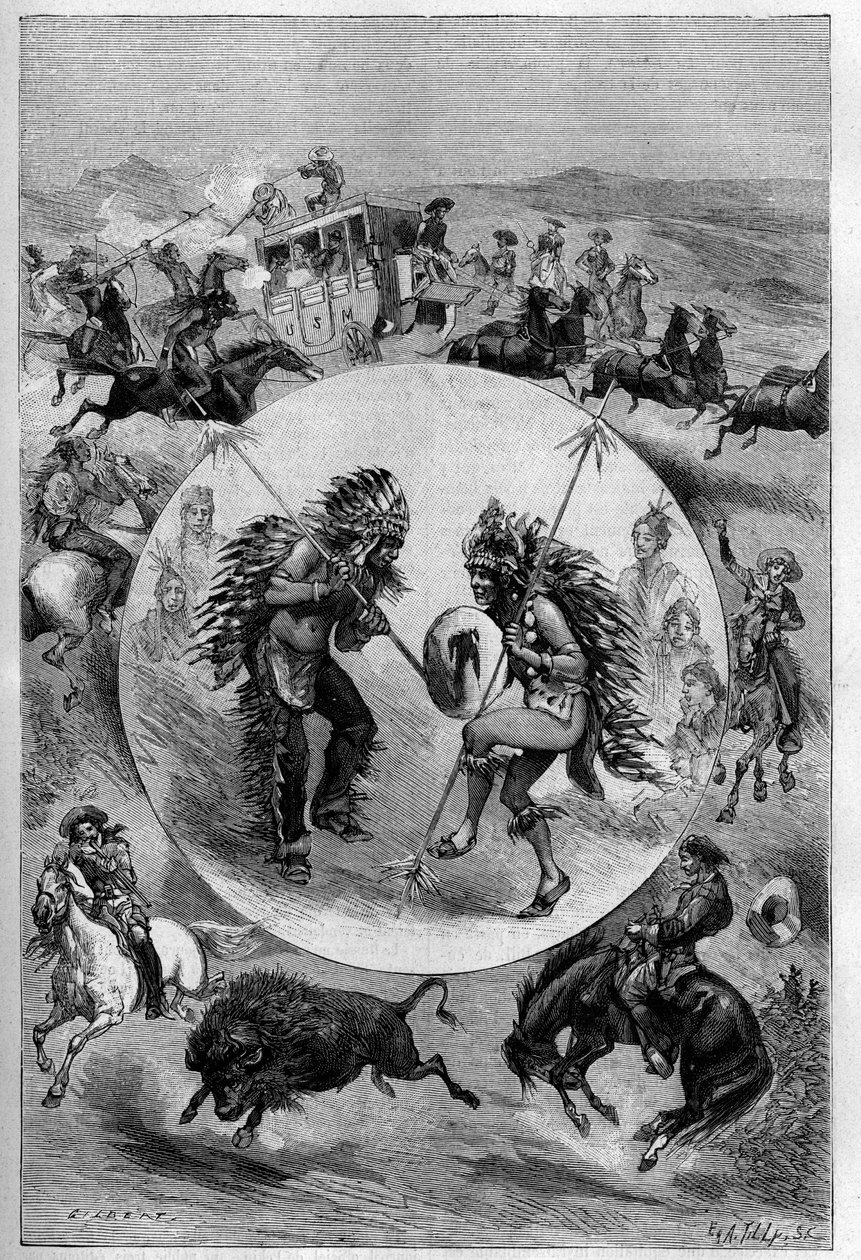 Buffalo Bills show i Paris: övningar presenterade av William Frederic Codys trupp (1846-1917), känd som Buffalo Bill (attack of a diligence, Sioux-dans, buffeljakt). Gravyr i "" La Nature. Revue des sciences et de ses applications aux arts et a l