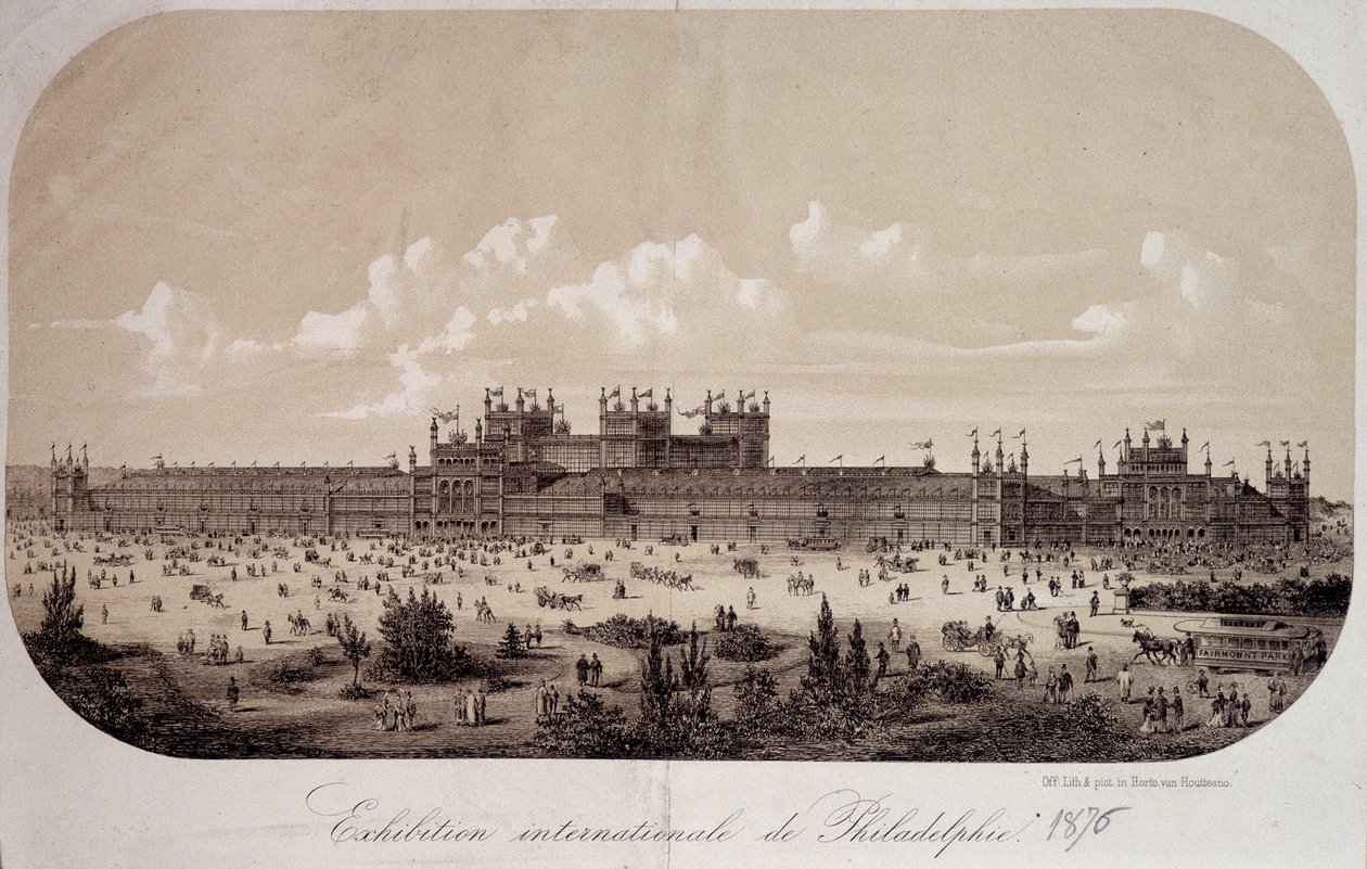 Byggnaden firar hundraårsminnet av grundandet av USA (1776-1876) vid International Exhibition of Philadelphia av Unknown artist