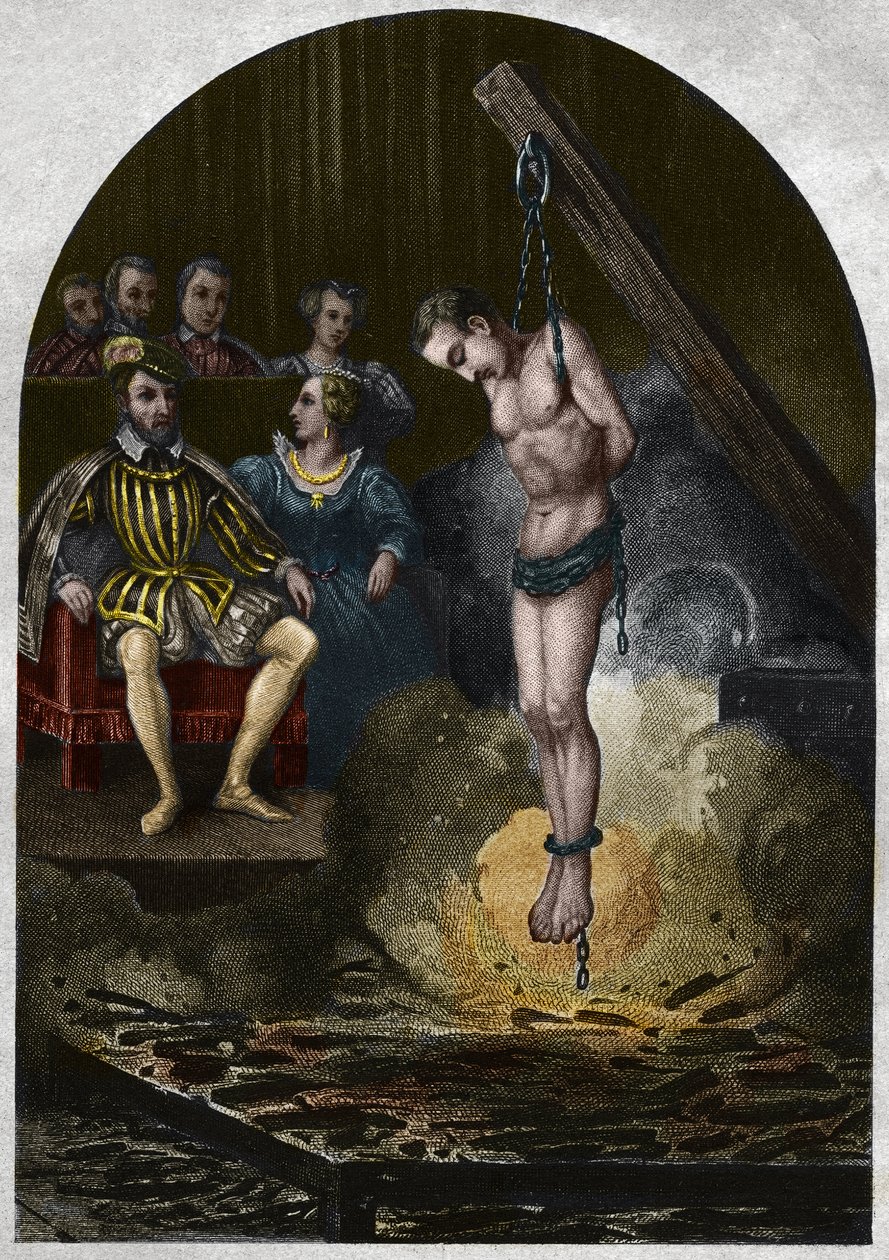 Brännkammare (domstolen) Under kung Henrik II (1519-1559) i närvaro av Catherine de Medicis (Caterina de Medici). Gravyr från 1842 i "Histoire des popes"" av Maurice Lachatre. Privat samling. av Unknown artist