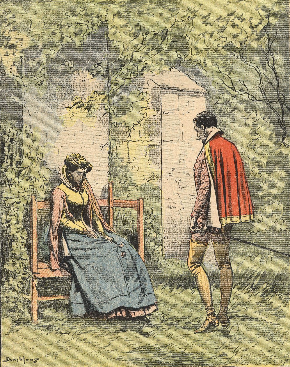 Bussy och Diane, känd som Madame de Monsoreau, i kyrkans trädgård redo., Illustration av romanen "La Dame de Monsoreau" av Alexandre Dumas i "Journal des novels populaires illustrés" av Unknown artist
