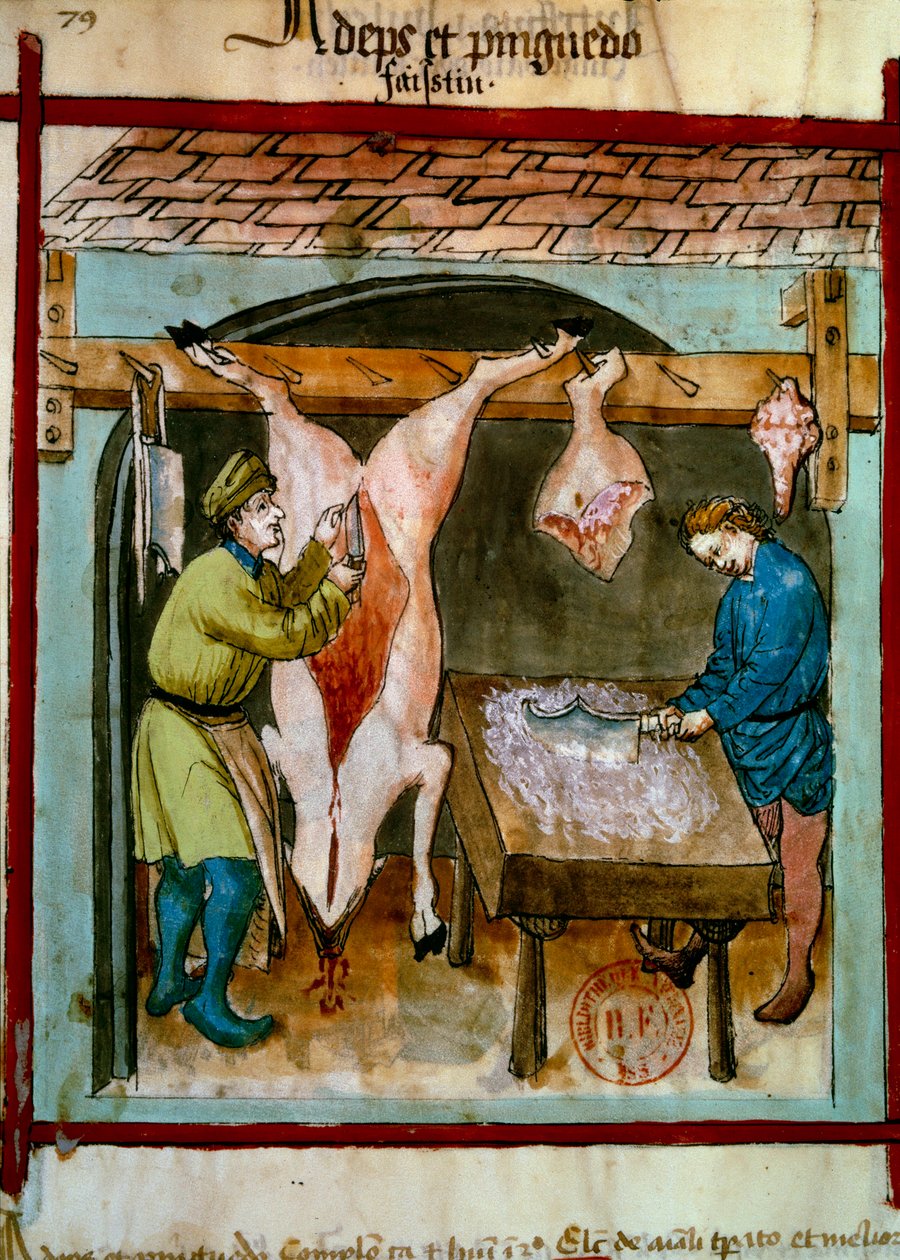 Slakteri: equarrising av en gris. Belysning från mjölkning av medicin och diet "" Tacuinum sanitatis"" av Unknown artist